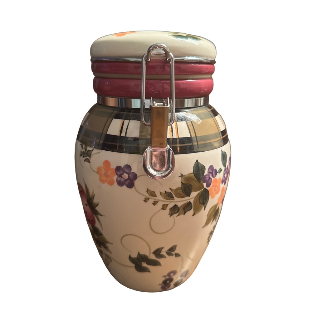 Oneida Strawberry Plaid Ceramic Storage Jar with Clamp Lid